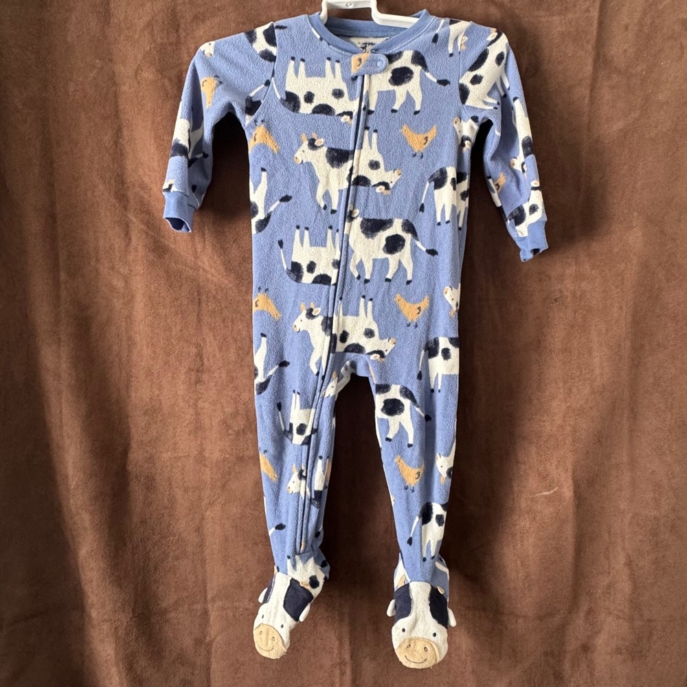 Carters Toddler 2T Fleece Footed Pajamas Blue Farm Cow Chicken Print Sleeper